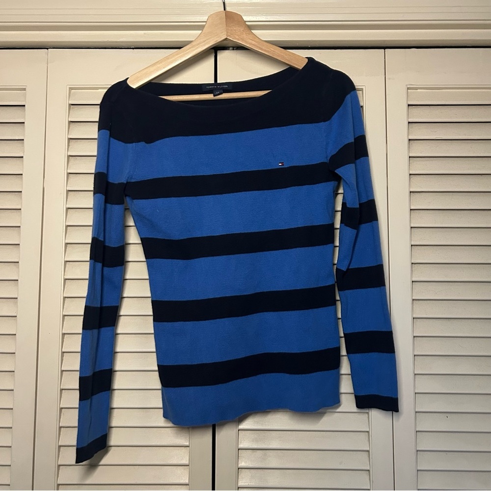 Tommy Hilfiger Blue and Black Striped Boatneck Long Sleeve sweater